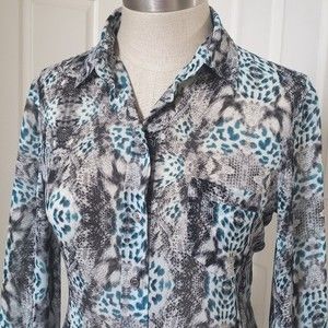 VINCE CAMUTO Blouse Black Teal Tailored Abstract Animal Print Long Sleeve